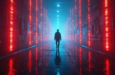 Man walks down neon corridor. Futuristic digital space with red lights. Abstract cyberpunk hallway. Sci fi background with data flow. Virtual reality environment.