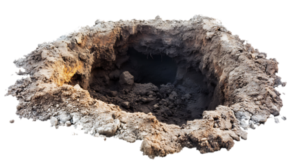 Deep excavation pit with rough soil edges and dark interior, high-quality PNG cutout with transparent or white background