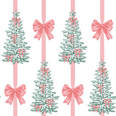 Christmas tree and bow seamless pattern pink ribbon. Merry Christmas, New Year wallpaper.	