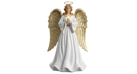 Angel figurine with golden wings isolated on transparent background