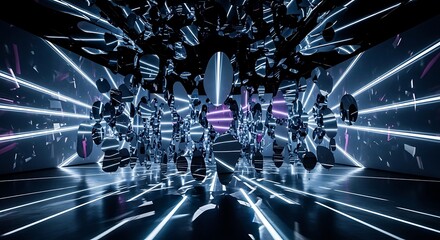 Abstract Futuristic Neon Light Tunnel with Geometric Reflections.