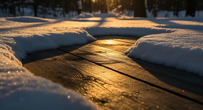 Golden hour sunlight reflecting on a snowy wooden surface - Powered by Adobe