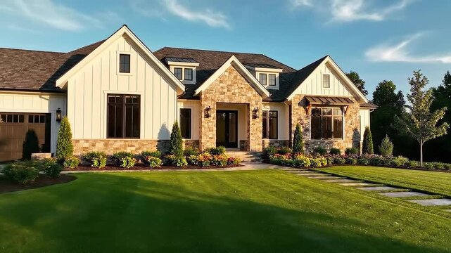 Establishing shot of a luxurious modern farmhouse-style residence with white board and batten siding