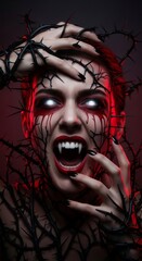 Woman vampire with blood tears and fangs and black thorns for Halloween. Spooky horror vertical concept for holiday event. Dark makeup with red light portrait.