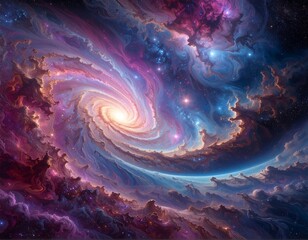 An ethereal, spiraling galaxy depicts swirling clouds of colors, featuring luminous core, starry clusters, and a deep blue arc