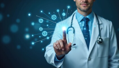 Doctor wearing lab coat touches a digital medical interface. Image presents futuristic health tech with medical icons. Healthcare professional interacts with innovation technology
