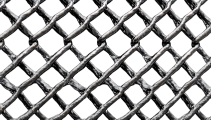 Detailed close-up of a silver metallic chain link fence pattern with diamond shapes, high-quality PNG cutout with transparent or white background