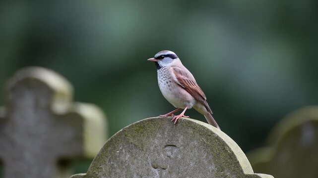 Bird sitting on a tombstone in a graveyard and looking around