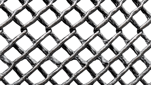 Detailed close-up of a silver metallic chain link fence pattern with diamond shapes, high-quality PNG cutout with transparent or white background