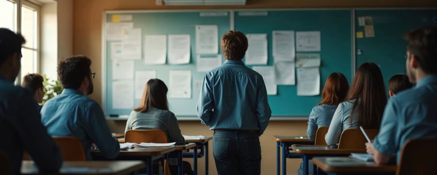 Group of students sit at desks in classroom. Educator stand discuss educational research articles on bulletin board. People review study materials, analyze data, learn new skills.