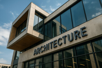 Modern architectural building with large windows and lettering