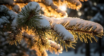 Golden hour sunlight illuminates snow covered pine branches