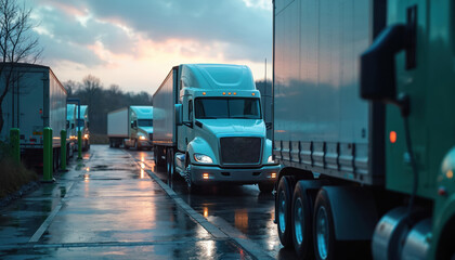 Trucks are parked at loading dock. Multiple semi trucks stand in a row. Transportation vehicle fleet at twilight. Concept of modern logistic and delivery industry. Freight transport on wet pavement.