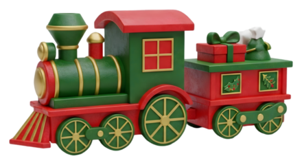 Festive wooden toy train with gifts isolated on transparent background