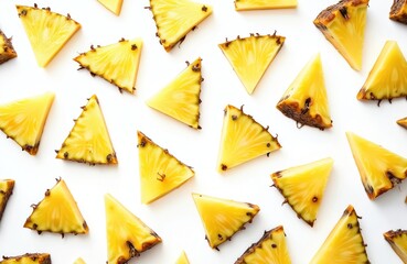 Naklejka premium Top view flat lay sliced pineapple pattern. Exotic fresh ripe fruit cut on pieces. Healthy snack and vegan nutrition. Pineapple background, pineapple wallpaper, pineapple template on white.