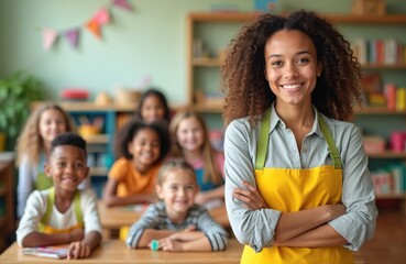 Smiling teacher in yellow apron poses with young diverse students in classroom. Children happily sit at desks, ready for lesson. Back to school concept with diverse pupils and educator.