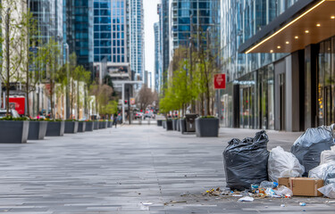 Obraz premium Urban street with garbage bags in a modern city environment