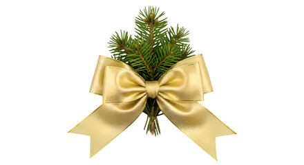 A golden christmas bow with pine sprigs isolated on transparent background
