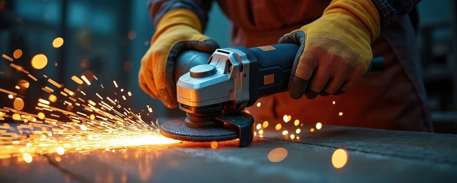 Worker in protective gloves uses angle grinder to polish metal surface. Sparks fly as man grinds steel in workshop. Industrial machinery and equipment for metalwork and manufacturing.