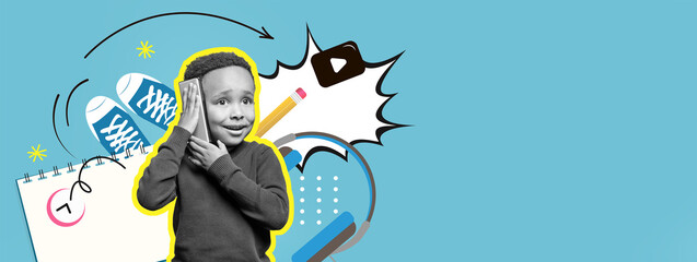 A child smiles while holding a notebook and looking surprised against a bright blue background filled with school supplies.