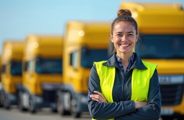 Young smiling female logistics worker in high-visibility vest stands with arms crossed in front of yellow delivery trucks. Happy woman with folded arms near commercial vehicles. Logistics expert