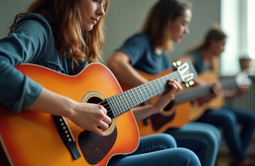 Fototapeta premium Three young women play acoustic guitars in a room. They focus on strumming chords and practicing together. Friends share musical hobby, enjoying group lesson.