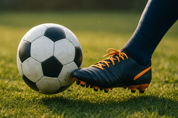 Fototapeta premium Close-up of soccer ball being kicked on green field