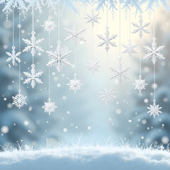 Elegant hanging snowflakes winter background with frost and snow