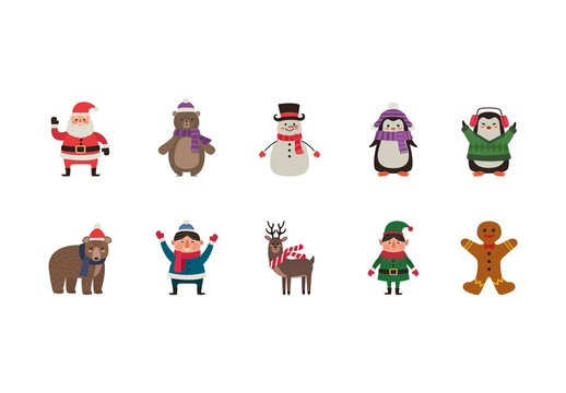 Colorful Christmas Characters Illustrations Set