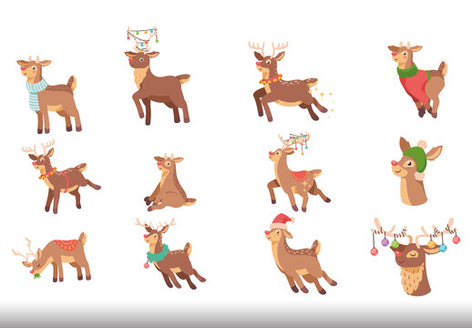 Colorful Christmas Deer Cartoon Illustration Set