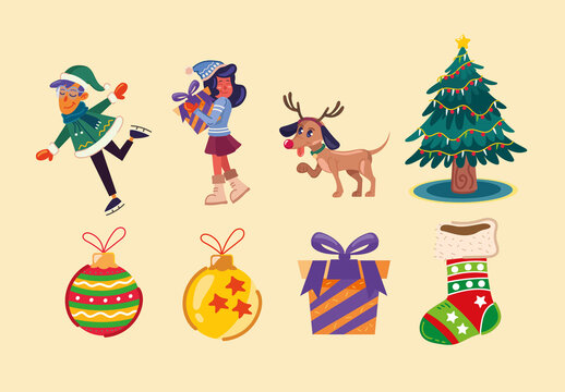 Colorful Christmas Holiday Elements Illustration Set