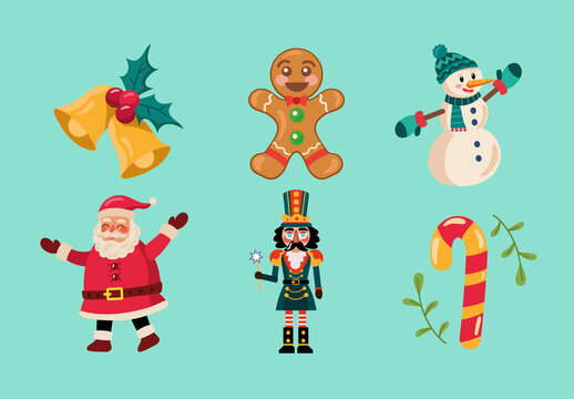 Colorful Christmas Characters Cartoon Illustration Set