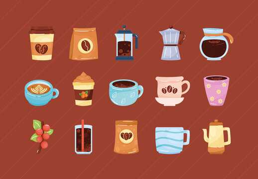 Colorful Coffee Cups Brewing Illustrations Set