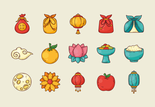 Colorful Chuseok Korea Celebration Illustration Set