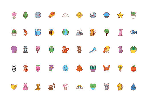 Colorful Cute Animal And Plant Illustrations Set