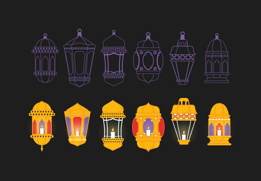 Colorful Eid Mubarak Lantern Arabic Illustration Set