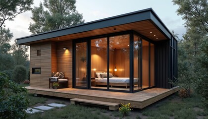 Modern tiny home with wood exterior and large glass windows. Features a cozy bedroom, deck, and sits in a natural green setting. Small dwelling provides comfortable living for single person or couple.
