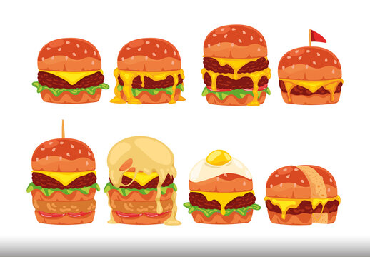 Colorful Gourmet Burger Fastfood Illustration Set
