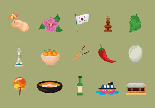 Colorful Korea Culture Landmark Illustration Set