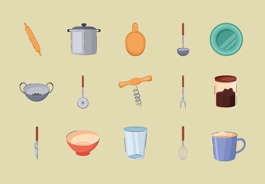 Colorful Kitchen Cooking Utensils Illustration Set