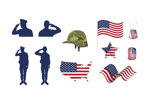 Red And Blue Memorial Day American Flag Illustration Set