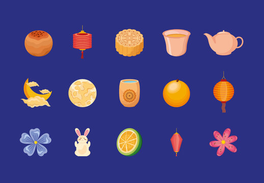 Colorful Mid Autumn Mooncake Bunny Illustration Set