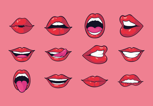 Red And Pink Mouth Pop Art Cartoon Illustration Set