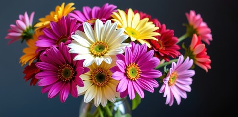 Fototapeta premium A vibrant bouquet of freshly cut flowers displayed in a clear vase, perfect for home decor or event styling, domestic, natural, vibrant