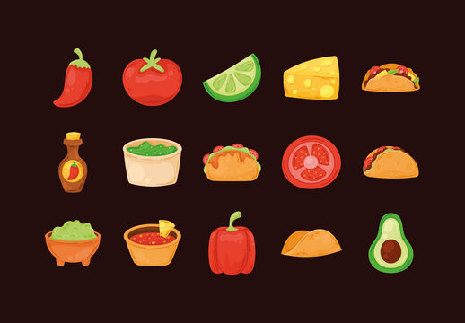 Colorful Tacos Guacamole Nachos Food Illustrations Set