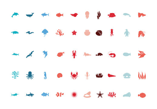 Marine Life Silhouette Ocean Icon Set