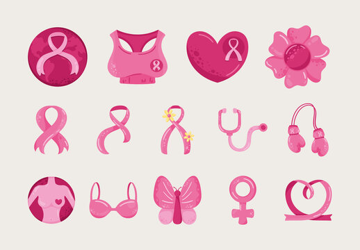 Pink And Pink Breast Cancer Awareness Ribbon Illustrations Set