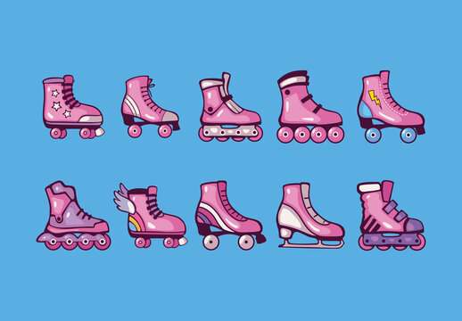 Purple Roller Skates Pop Art Illustrations Set