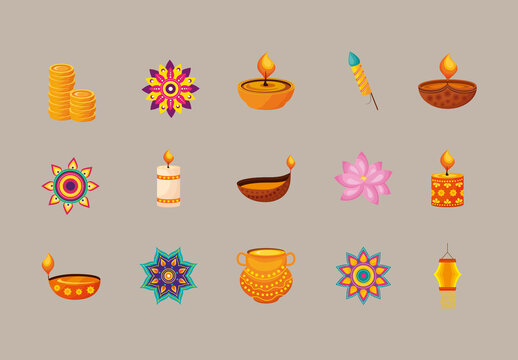 Orange Diwali Festival India Illustration Set