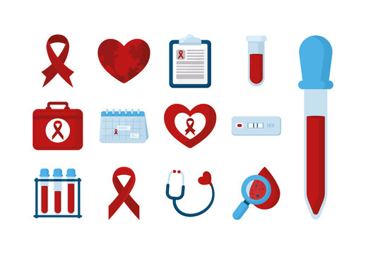 Red And Blue World AIDS Day Awareness Icons Set
